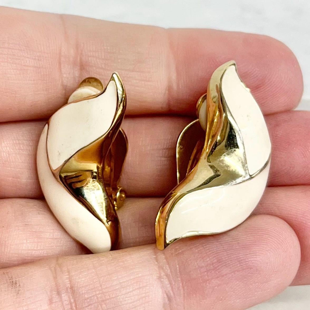 Cream Enamel Clip On Earrings Gold Plated - Vintage 1980’s Unusual Shape MillyOliverVintage