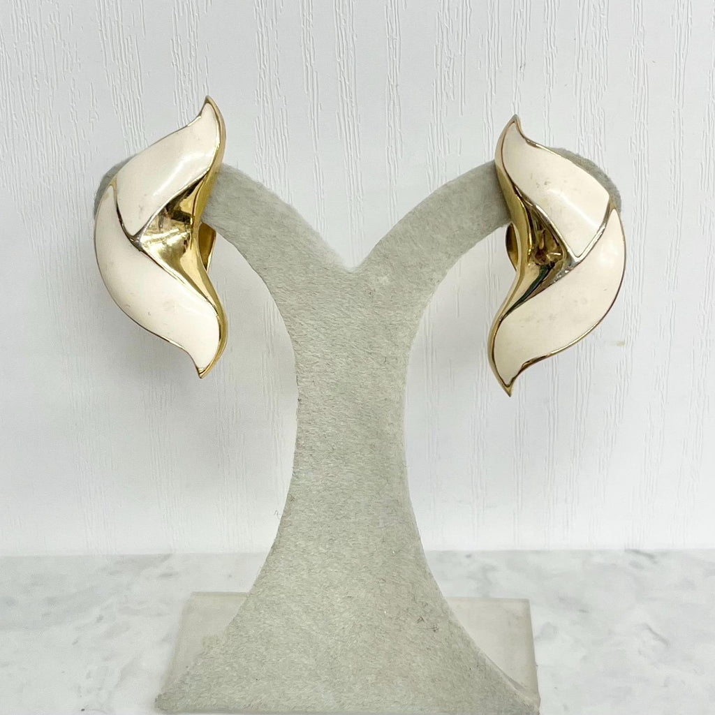 Cream Enamel Clip On Earrings Gold Plated - Vintage 1980’s Unusual Shape MillyOliverVintage