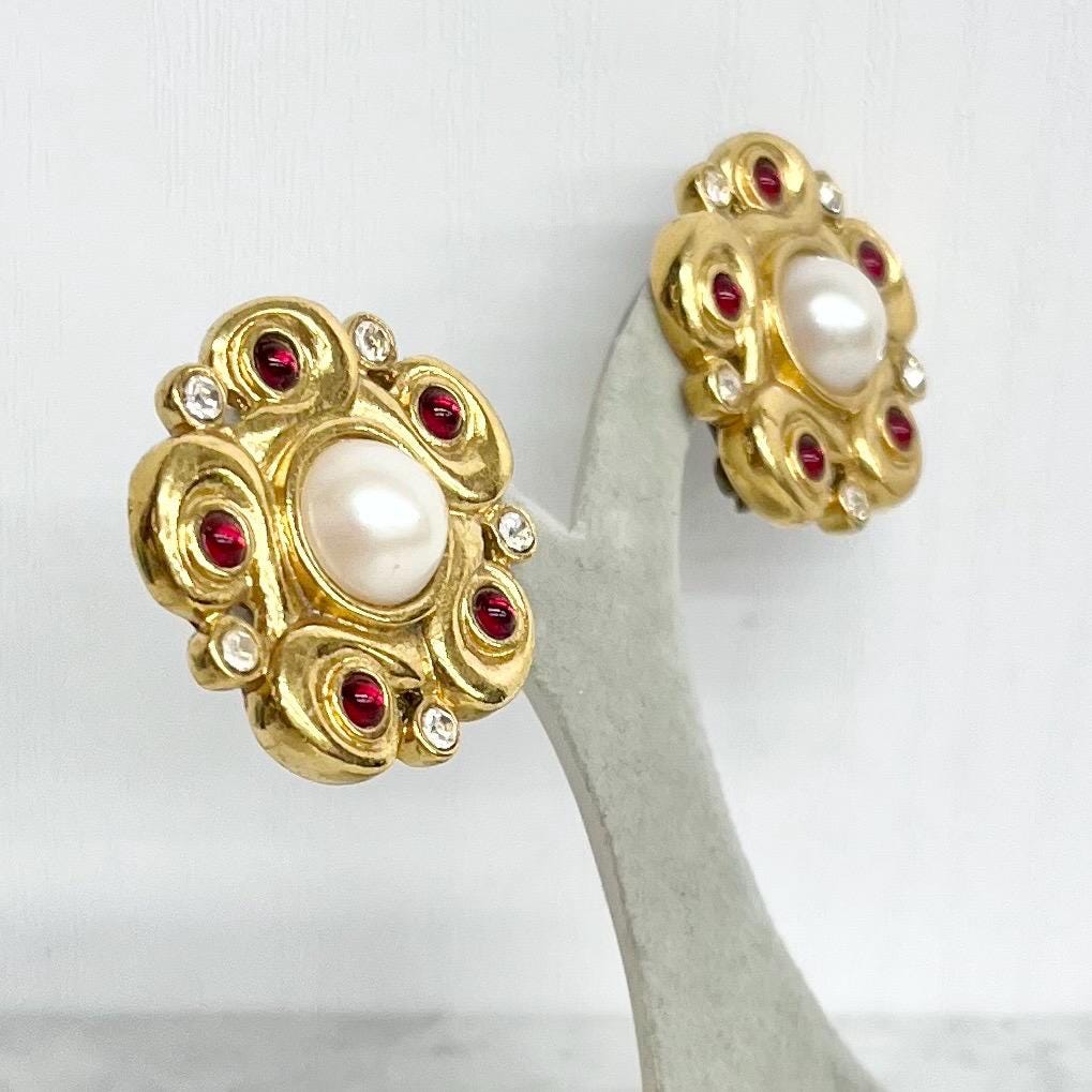 Flower Clip On Earrings - Designer Style with Red & Cream Accent Vintage Earrings MillyOliverVintage