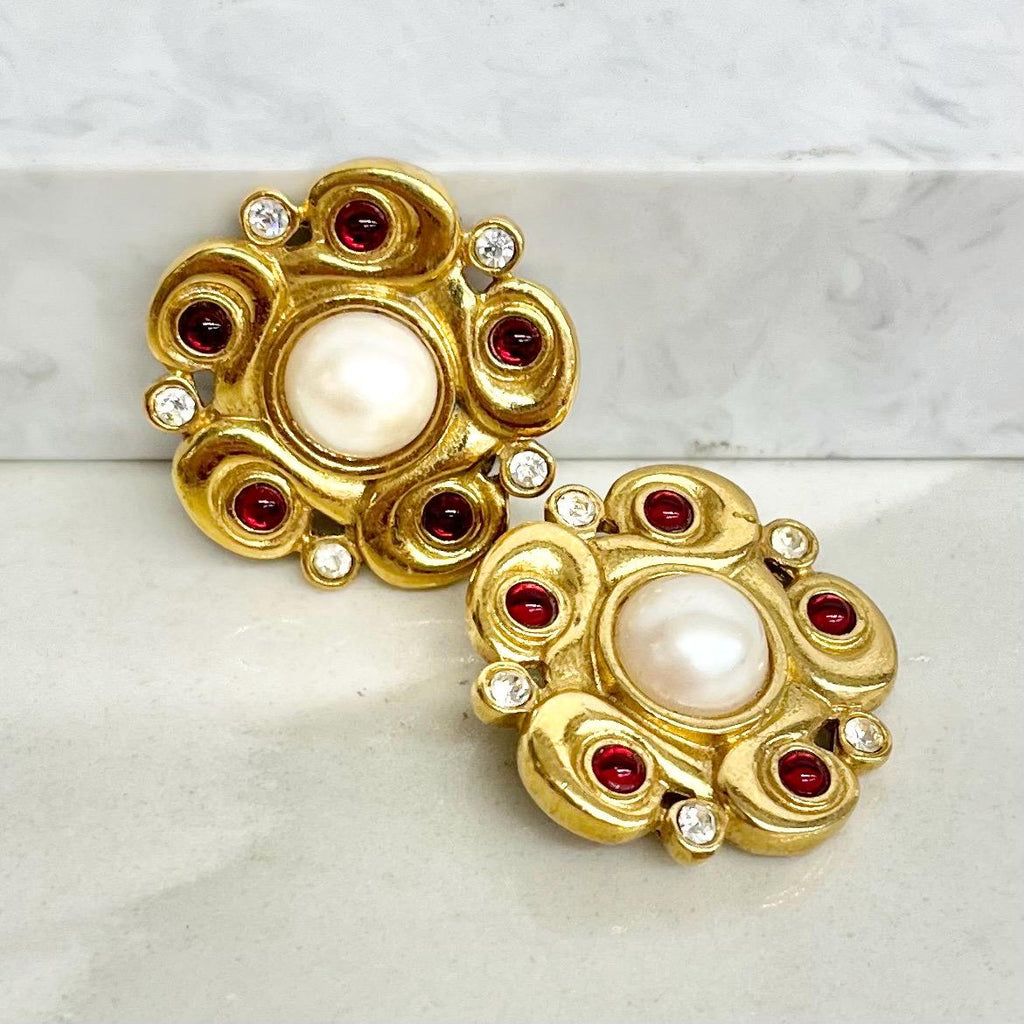 Flower Clip On Earrings - Designer Style with Red & Cream Accent Vintage Earrings MillyOliverVintage