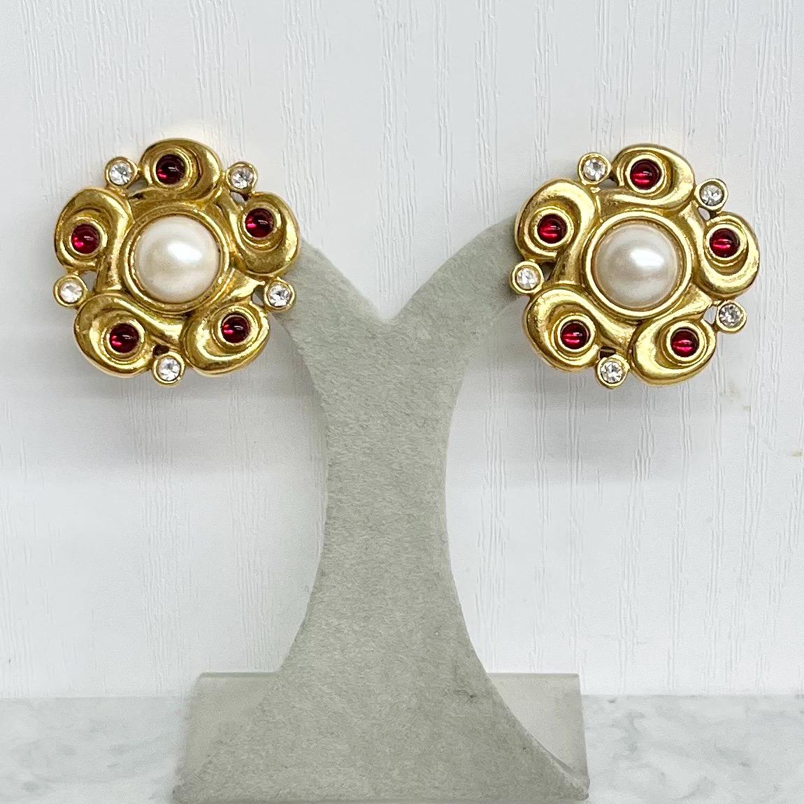Flower Clip On Earrings - Designer Style with Red & Cream Accent Vintage Earrings MillyOliverVintage