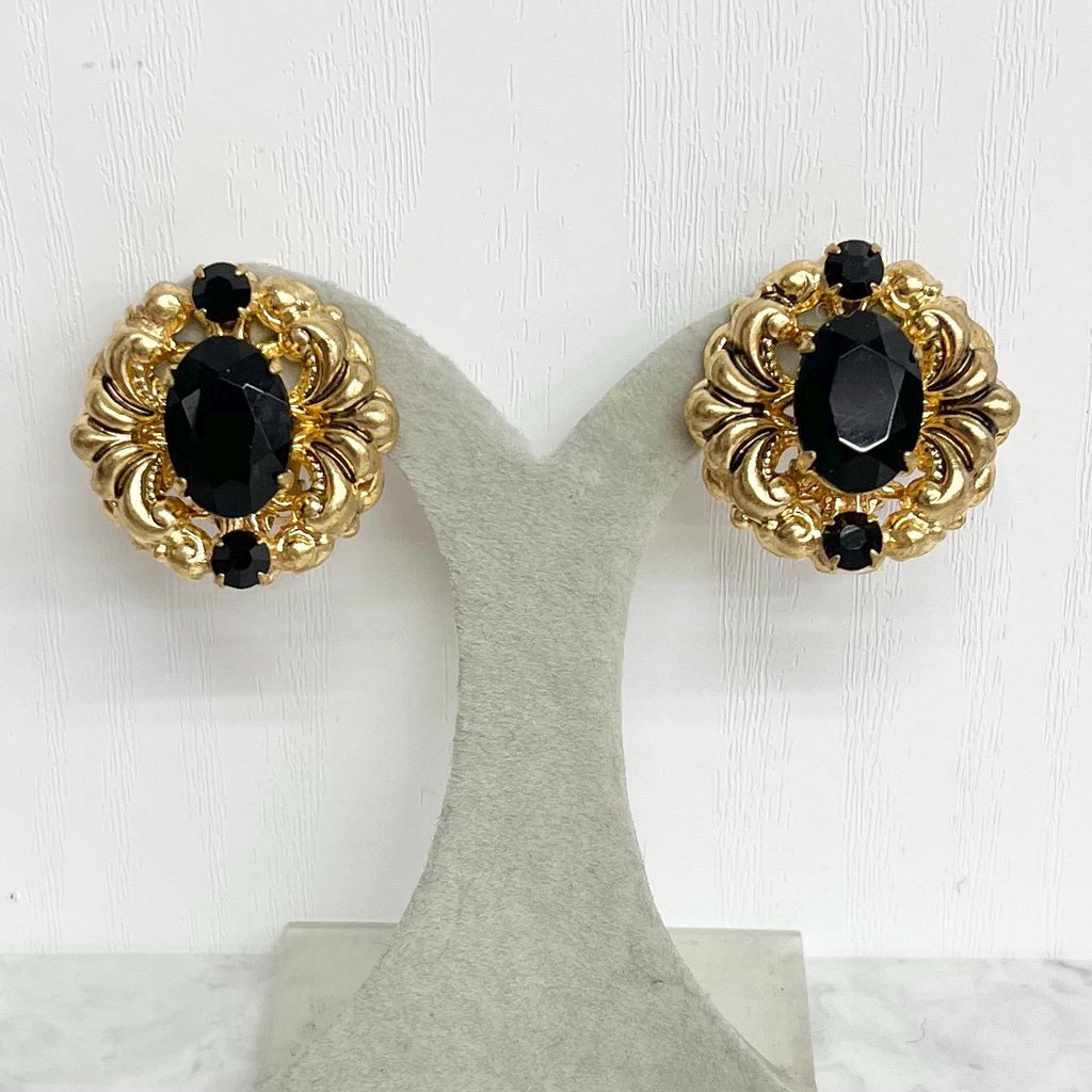 Black & Gold Clip On Earrings - Vintage Victorian Style MillyOliverVintage