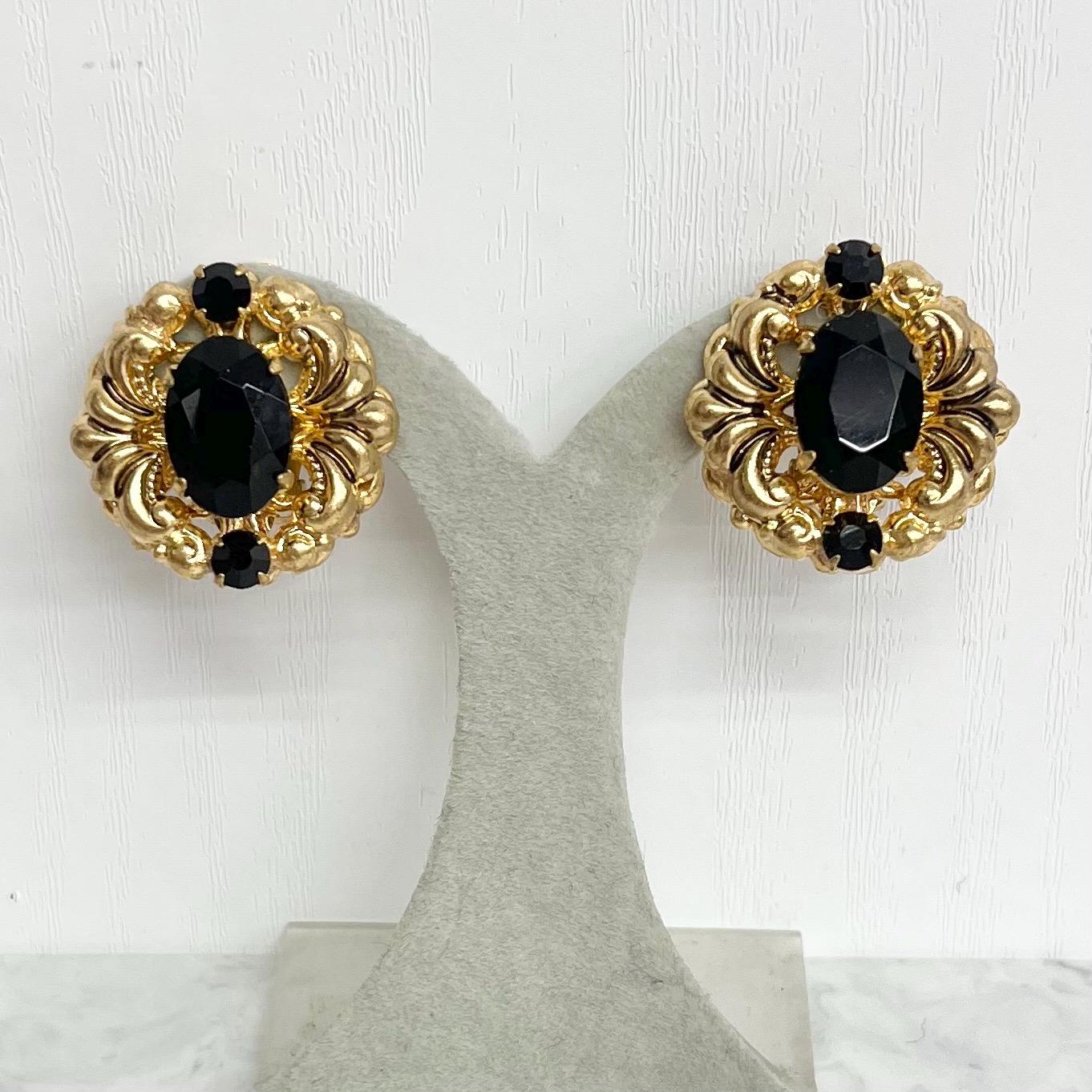 Black & Gold Clip On Earrings - Vintage Victorian Style MillyOliverVintage