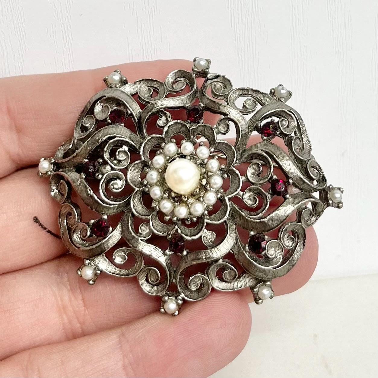 Victorian Style Brooch - Vintage with Faux Pearls and Red Crystals in a Regal Silver Tone Setting Statement Jewellery MillyOliverVintage