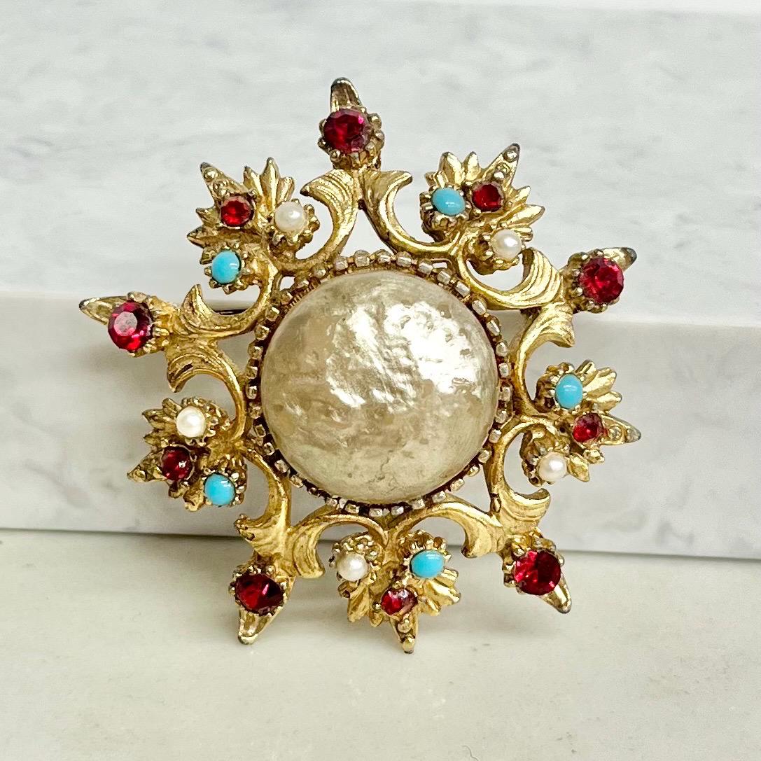 Victorian Style Brooch - Vintage with Faux Pearls and Red Crystals & Faux Turquoise in a Regal Gold Tone Setting Statement Jewellery MillyOliverVintage