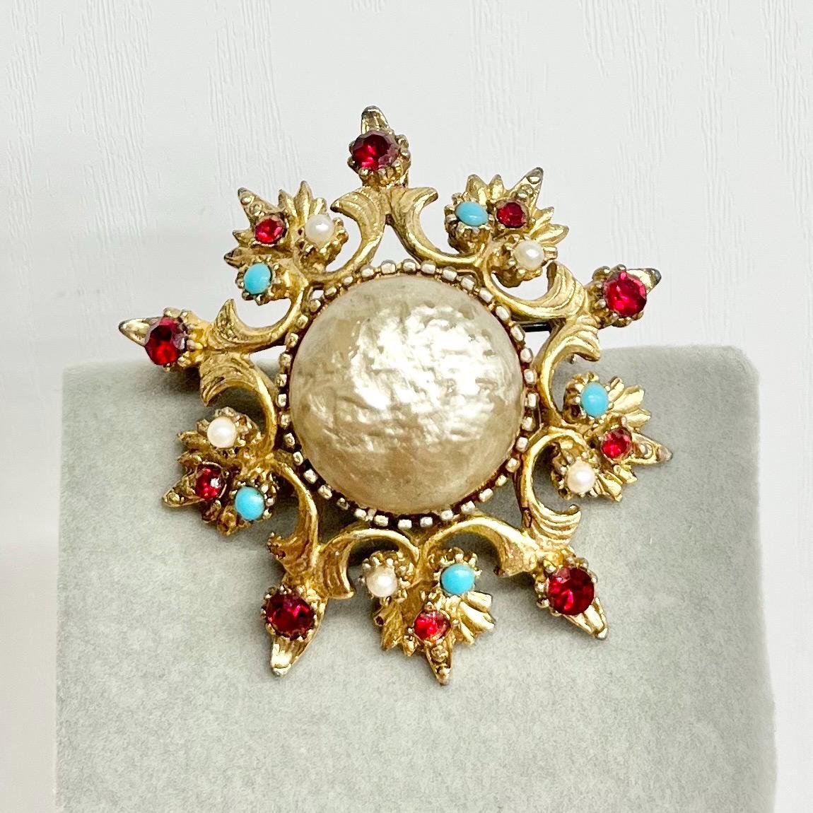 Victorian Style Brooch - Vintage with Faux Pearls and Red Crystals & Faux Turquoise in a Regal Gold Tone Setting Statement Jewellery MillyOliverVintage