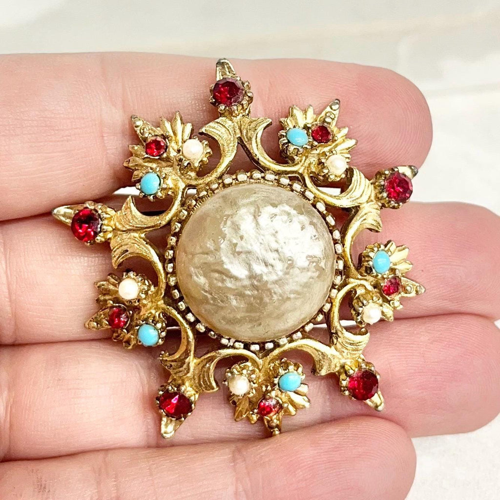 Victorian Style Brooch - Vintage with Faux Pearls and Red Crystals & Faux Turquoise in a Regal Gold Tone Setting Statement Jewellery MillyOliverVintage