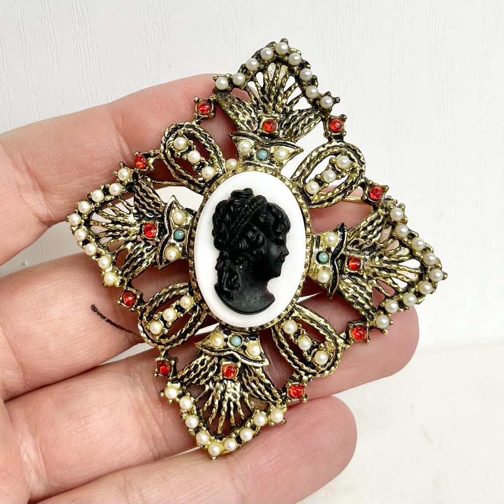 Victorian Style Cameo Brooch - Vintage with Faux Pearls and Red Crystals & Faux Turquoise in a Regal Gold Tone Setting Statement Jewellery MillyOliverVintage
