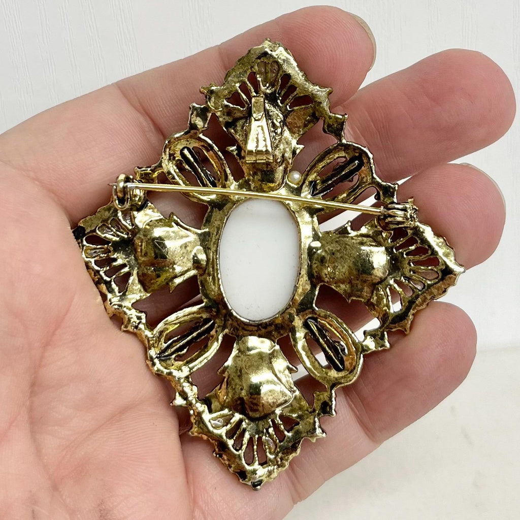 Victorian Style Cameo Brooch - Vintage with Faux Pearls and Red Crystals & Faux Turquoise in a Regal Gold Tone Setting Statement Jewellery MillyOliverVintage