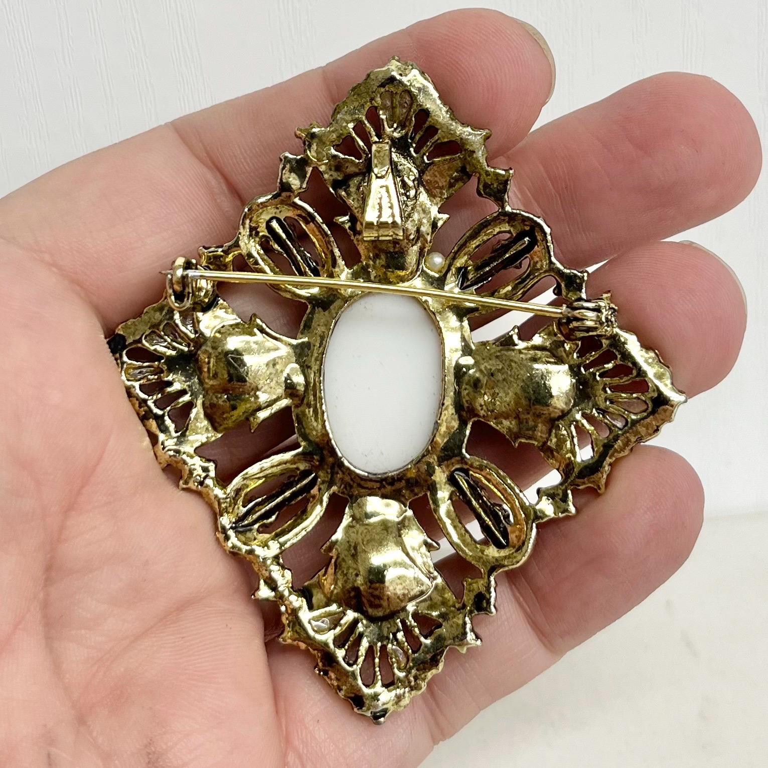 Victorian Style Cameo Brooch - Vintage with Faux Pearls and Red Crystals & Faux Turquoise in a Regal Gold Tone Setting Statement Jewellery MillyOliverVintage