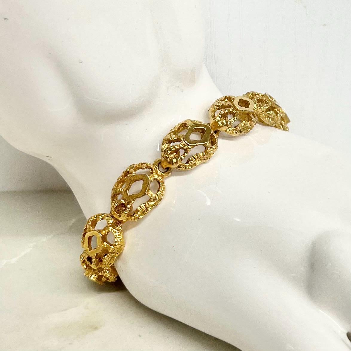 Vintage Gold Plate 1970’s Brutalist Bracelet Textured & Glossy Unusual Link Costume Jewellery 7.5” MillyOliverVintage