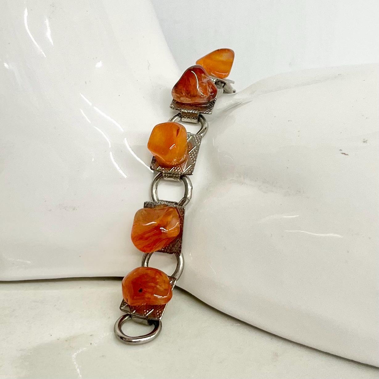 Orange Agate Silver Tone 1970’s Vintage Stone Bracelet Semi Precious Costume Jewellery 7” MillyOliverVintage