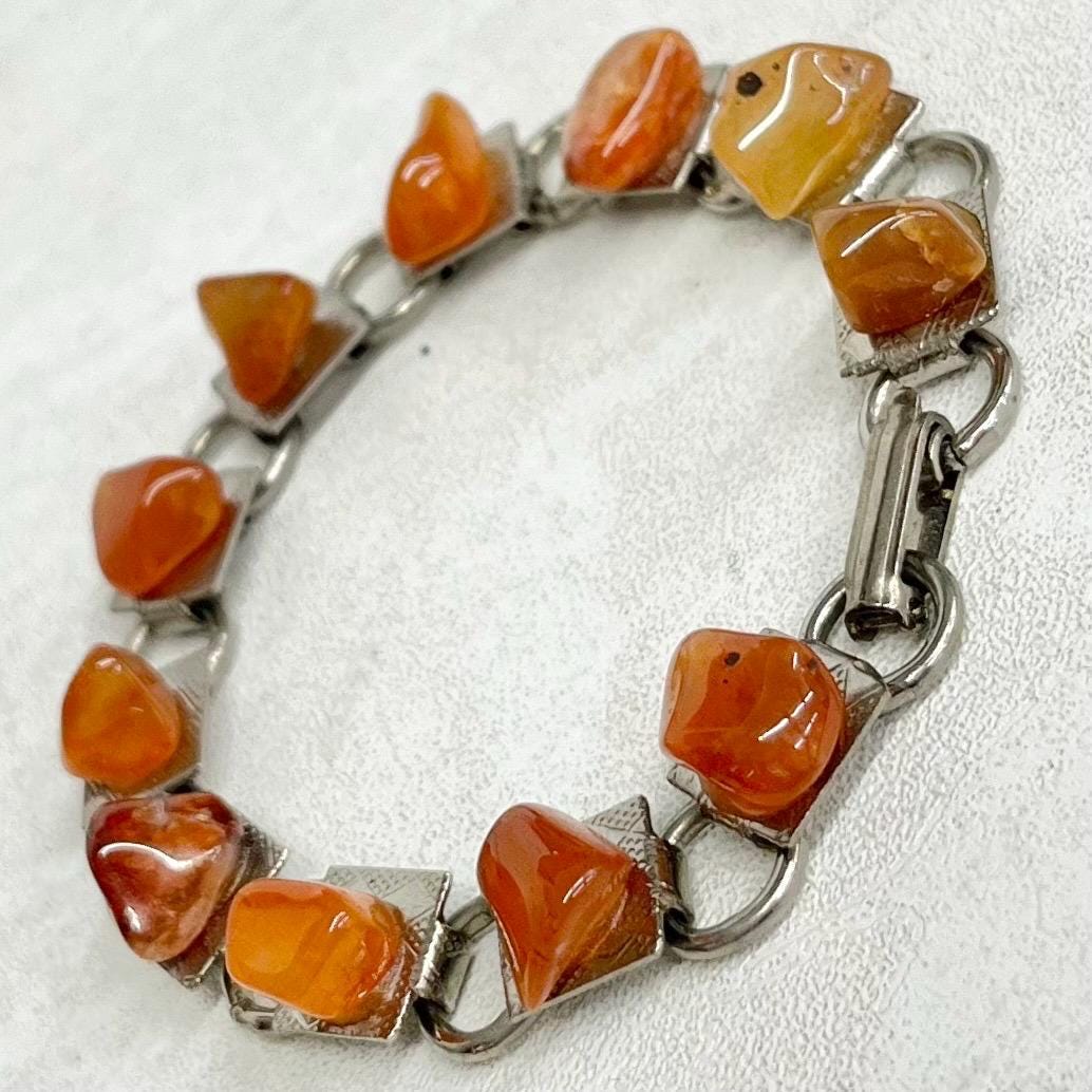Orange Agate Silver Tone 1970’s Vintage Stone Bracelet Semi Precious Costume Jewellery 7” MillyOliverVintage