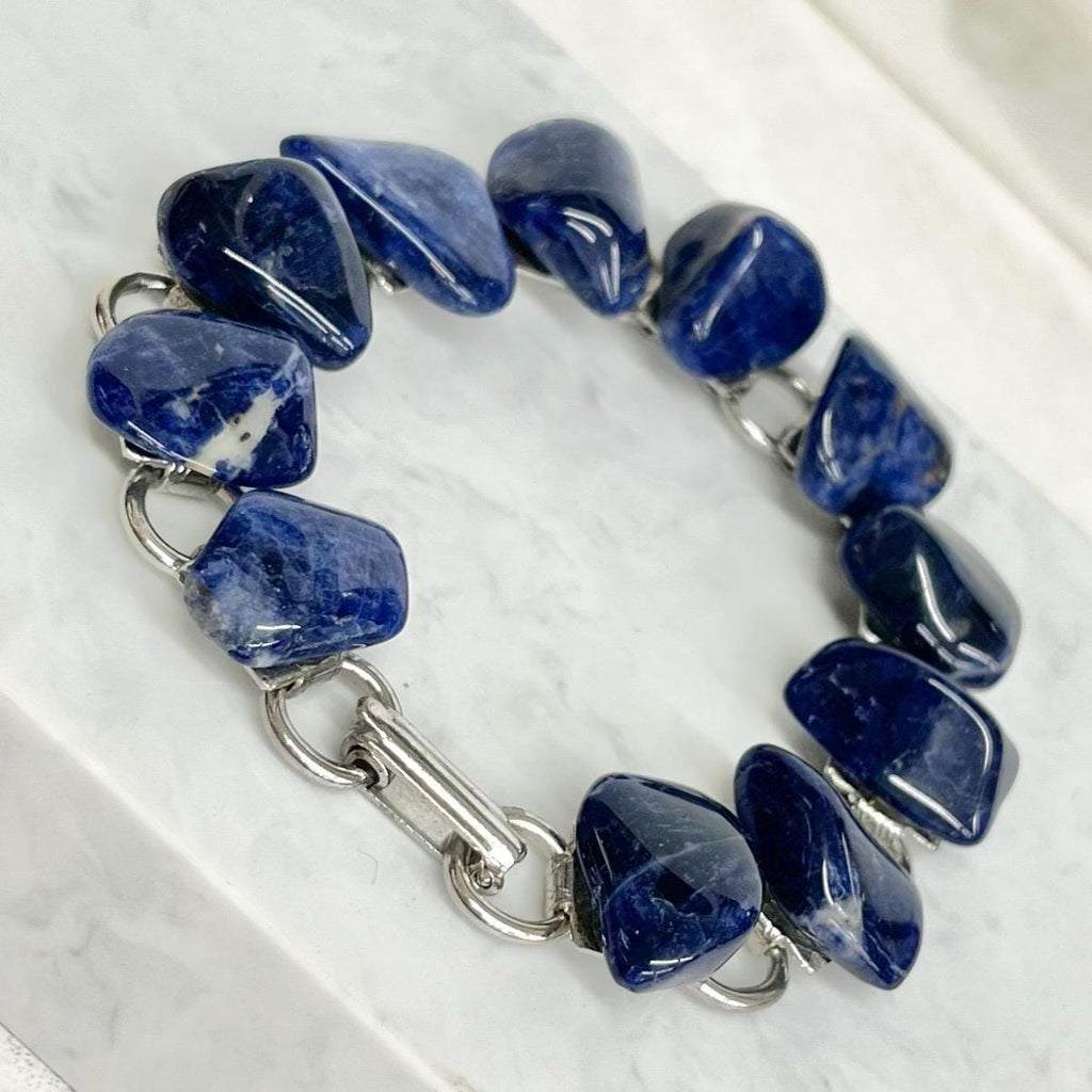 Blue Sodalite Silver Tone 1970’s Vintage Stone Bracelet Semi Precious Costume Jewellery 7” MillyOliverVintage