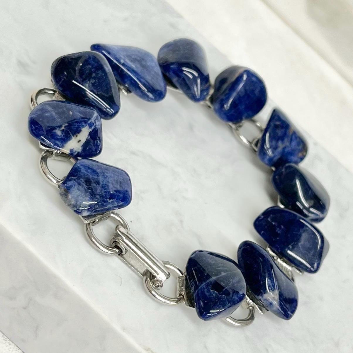 Blue Sodalite Silver Tone 1970’s Vintage Stone Bracelet Semi Precious Costume Jewellery 7” MillyOliverVintage