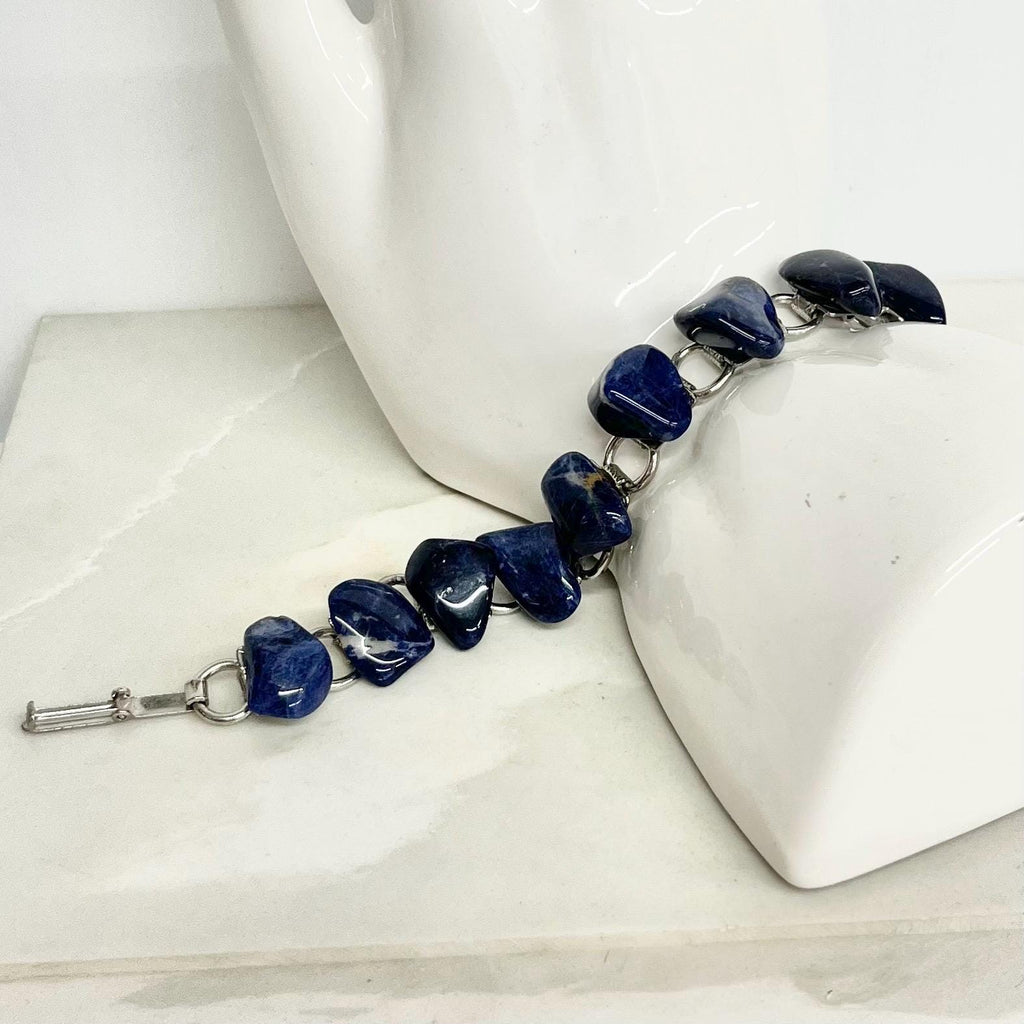 Blue Sodalite Silver Tone 1970’s Vintage Stone Bracelet Semi Precious Costume Jewellery 7” MillyOliverVintage