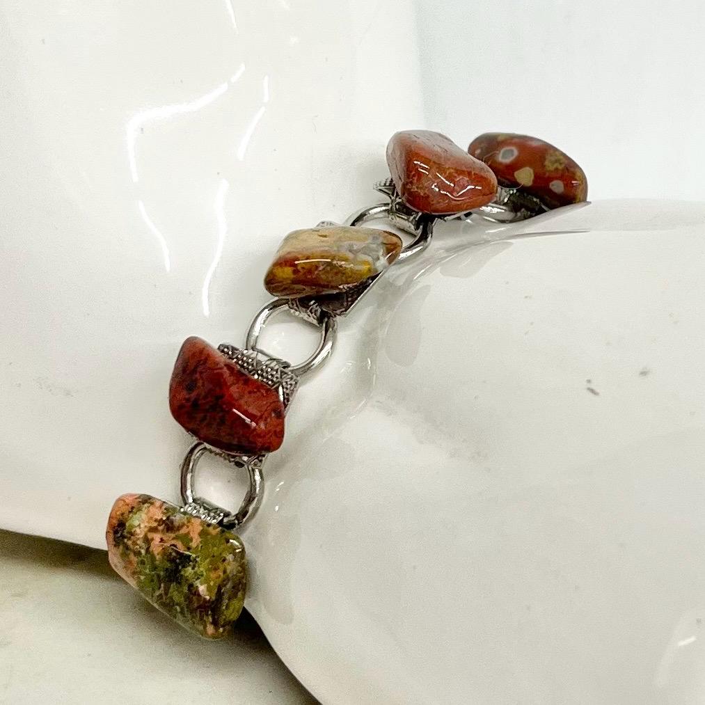 Red Mixed Gemstone Silver Tone 1970’s Vintage Stone Bracelet Semi Precious Costume Jewellery 7.5” Agate Unakite Jasper MillyOliverVintage