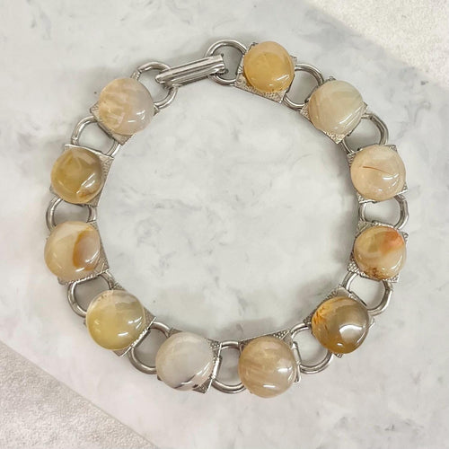 Agate Gemstone Silver Tone 1970’s Vintage Stone Bracelet Semi Precious Costume Jewellery 7” Yellow Colours MillyOliverVintage