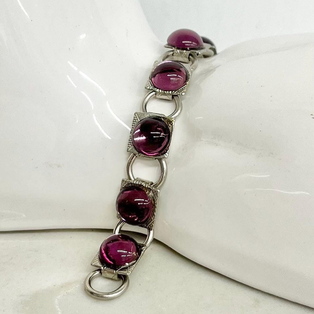 Amethyst Purple Glass Cabochon Silver Tone Bracelet : Vintage 1970’s Modernist Jewellery 7.5” Long MillyOliverVintage