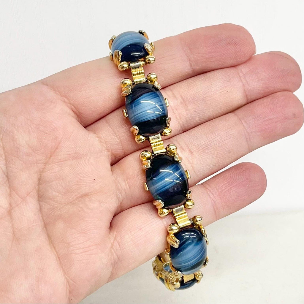 Vintage Gold Tone 1970’s Blue Striped Givre Glass Cabochon Bracelet Costume Jewellery 7.5” MillyOliverVintage