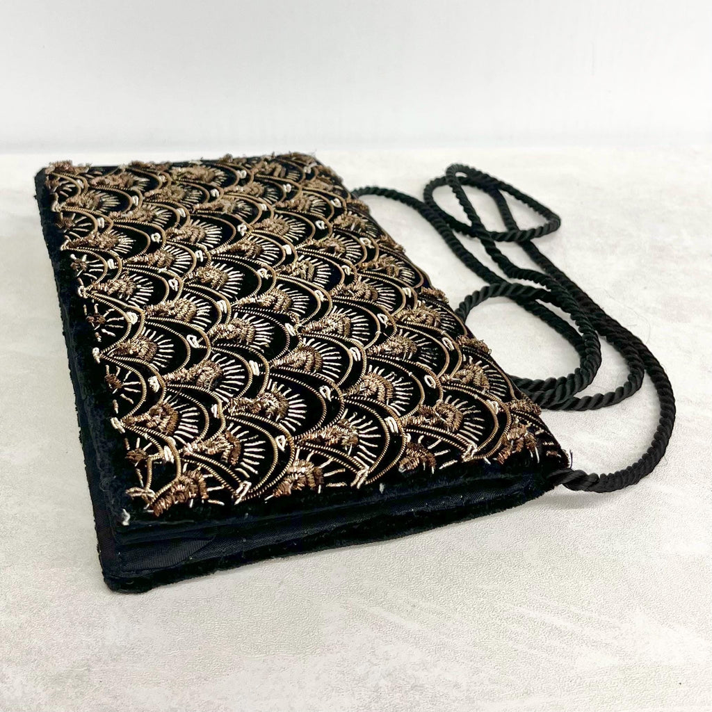 Vintage Zardozi Evening Clutch Bag Black & Gold Beaded on Velvet with a Long Strap MillyOliverVintage