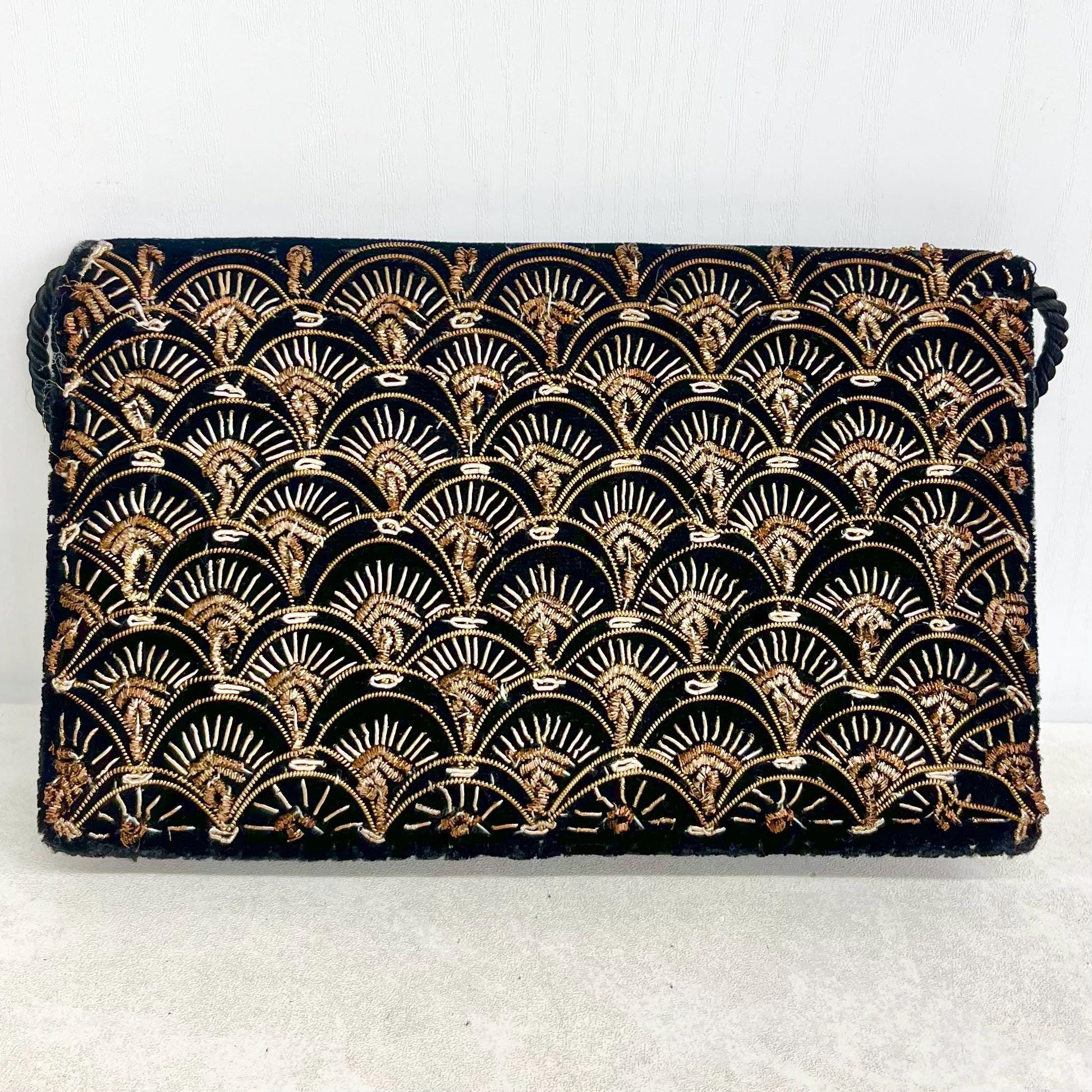 Vintage Zardozi Evening Clutch Bag Black & Gold Beaded on Velvet with a Long Strap MillyOliverVintage