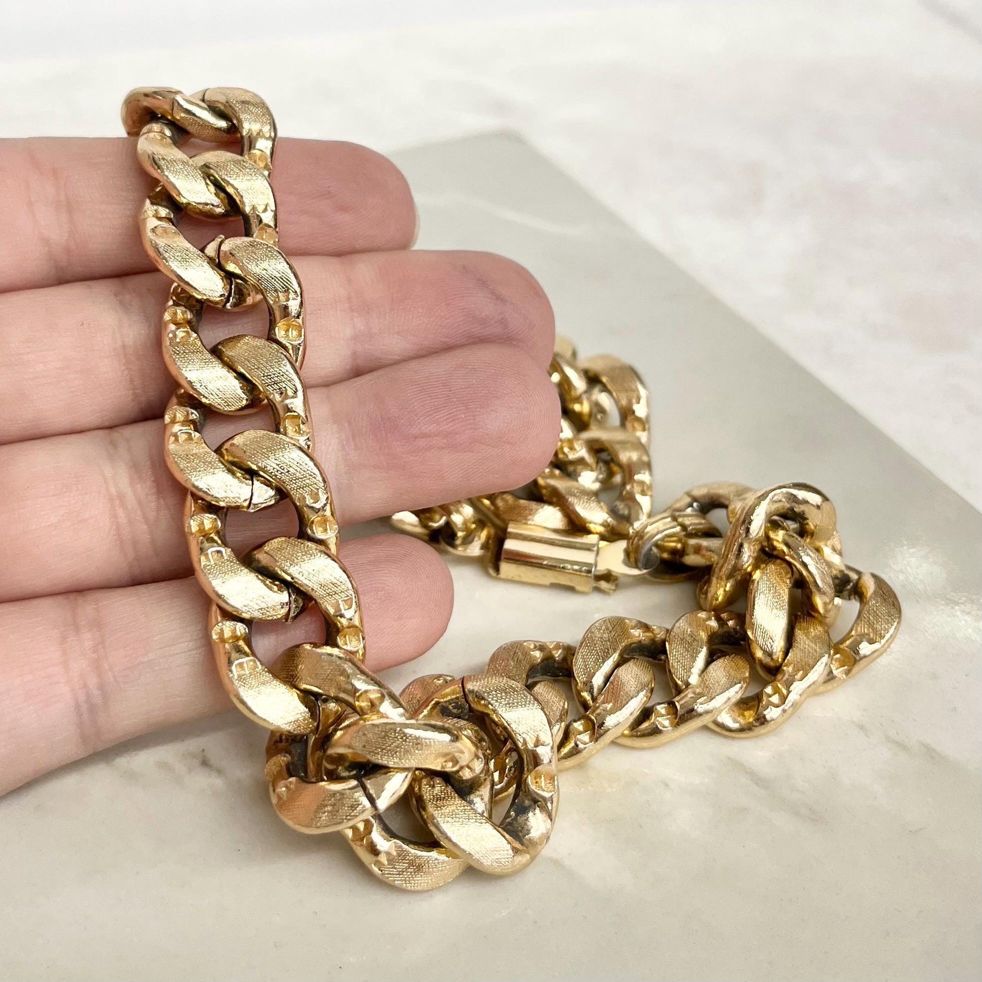 Vintage Flat Curb Chain Necklace 1970’s - 1980’s Gold Plated Chunky Textured 16” Long 15mm Wide MillyOliverVintage