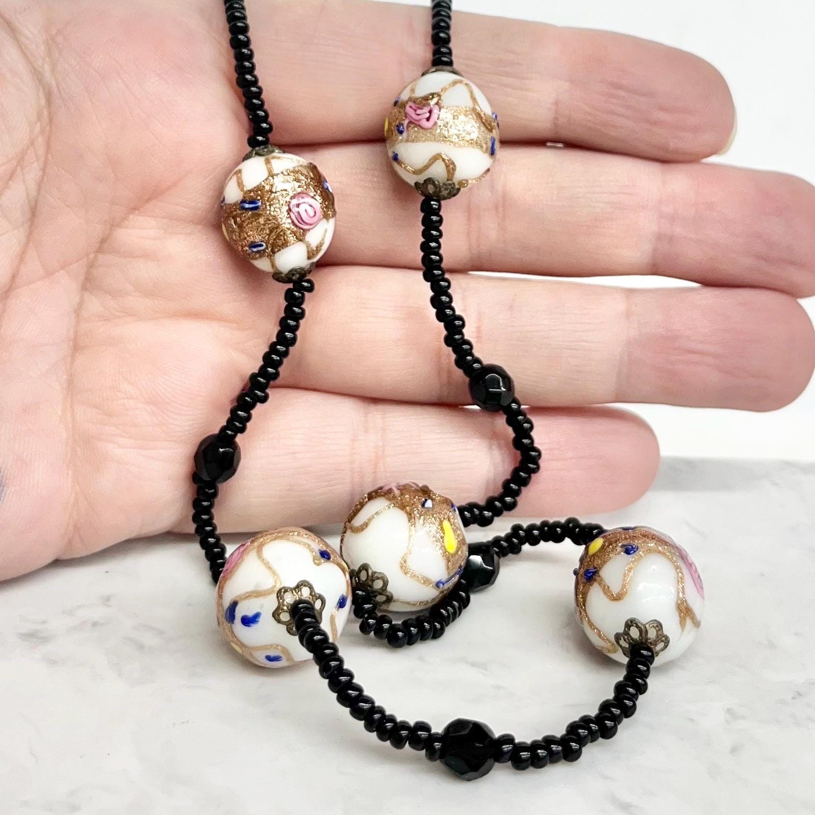 Vintage Venetian White Pink & Gold Aventurine Lampwork Glass Wedding Cake Bead Necklace 32” Long MillyOliverVintage