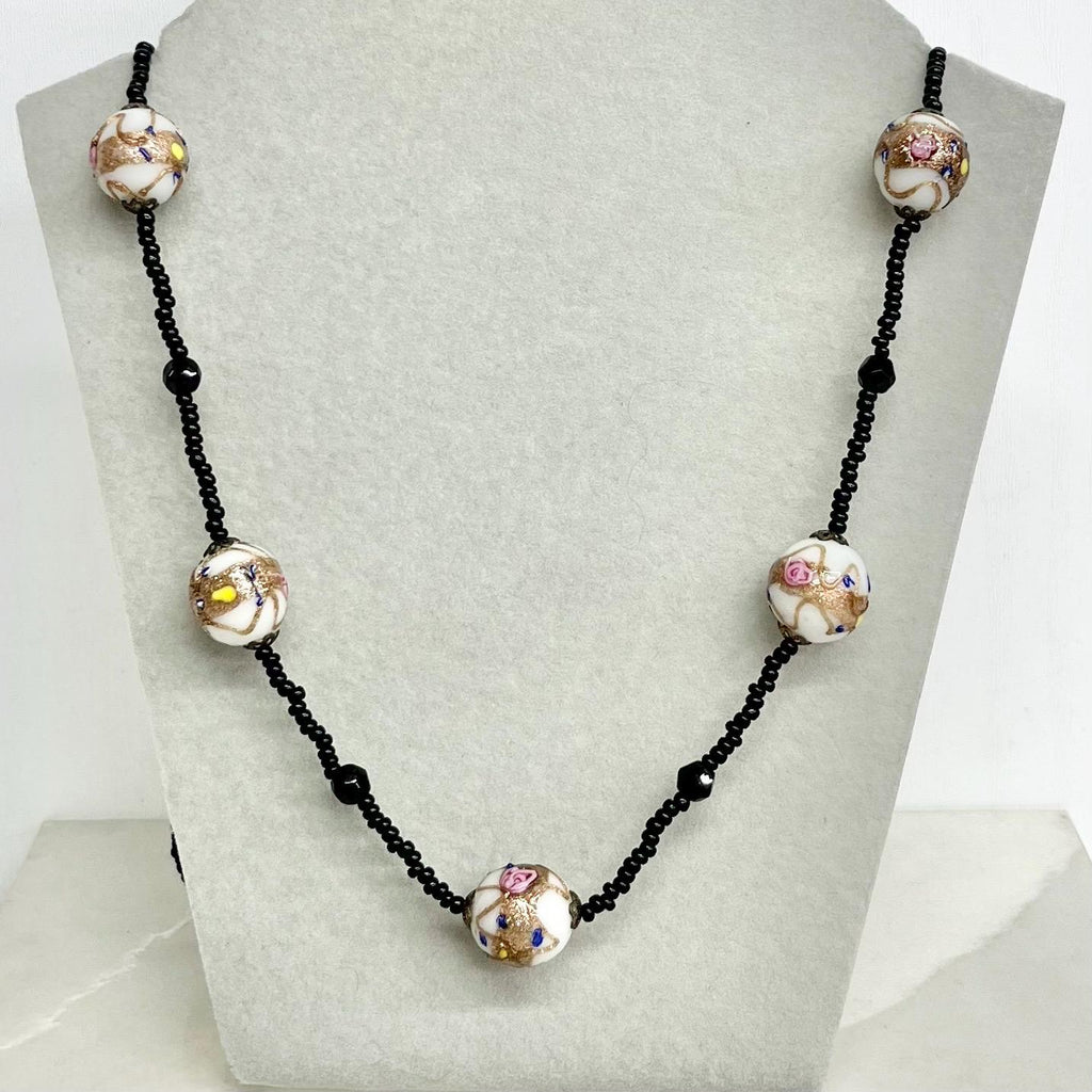 Vintage Venetian White Pink & Gold Aventurine Lampwork Glass Wedding Cake Bead Necklace 32” Long MillyOliverVintage