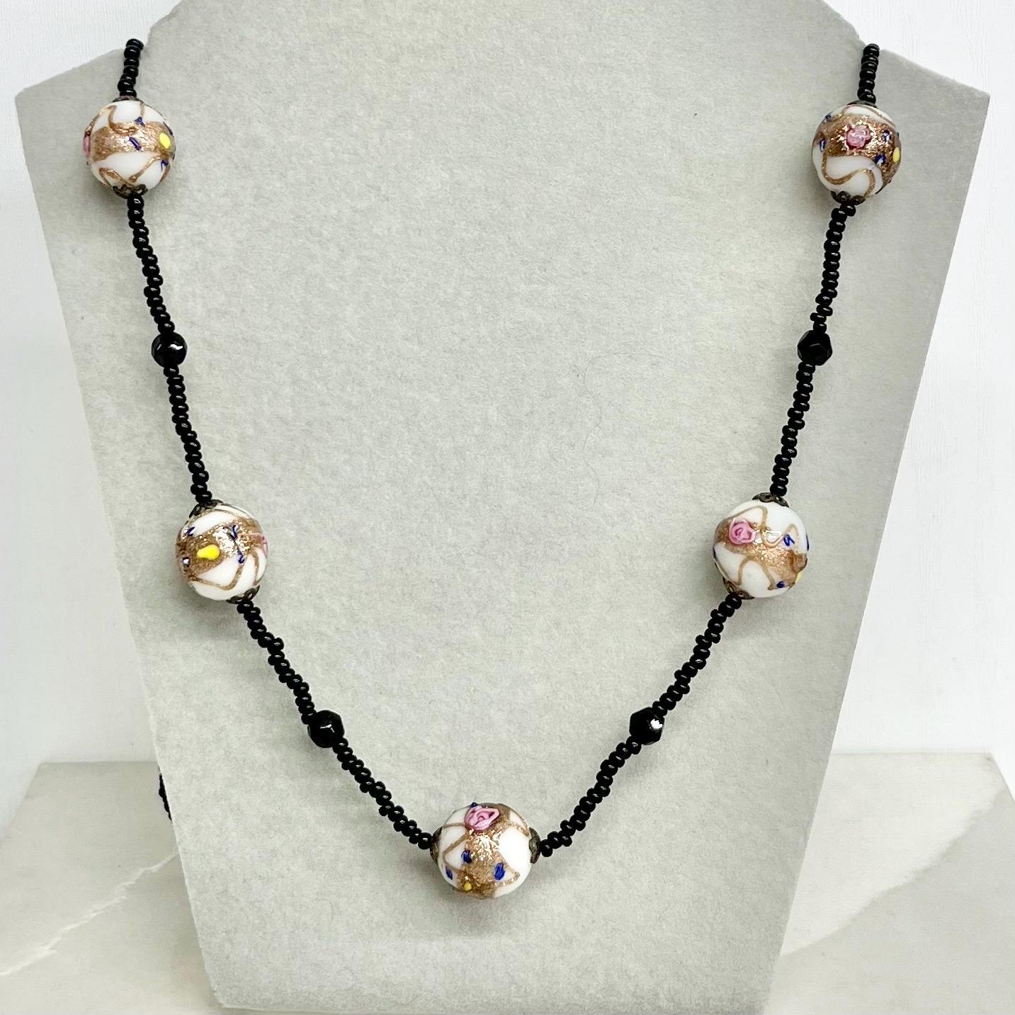 Vintage Venetian White Pink & Gold Aventurine Lampwork Glass Wedding Cake Bead Necklace 32” Long MillyOliverVintage