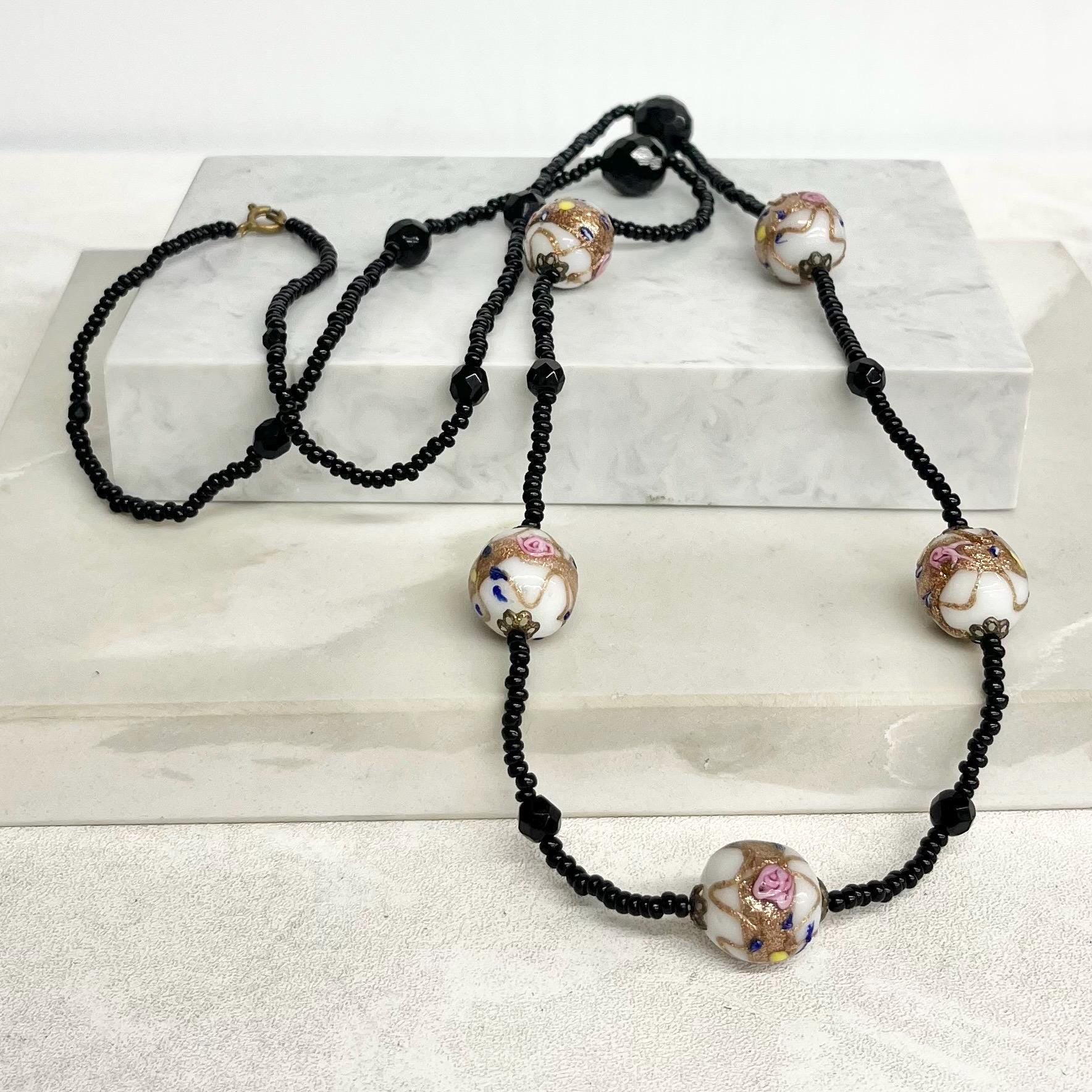 Vintage Venetian White Pink & Gold Aventurine Lampwork Glass Wedding Cake Bead Necklace 32” Long MillyOliverVintage