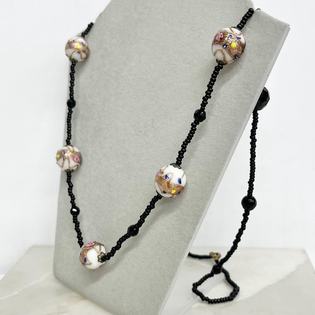 Vintage Venetian White Pink & Gold Aventurine Lampwork Glass Wedding Cake Bead Necklace 32” Long MillyOliverVintage
