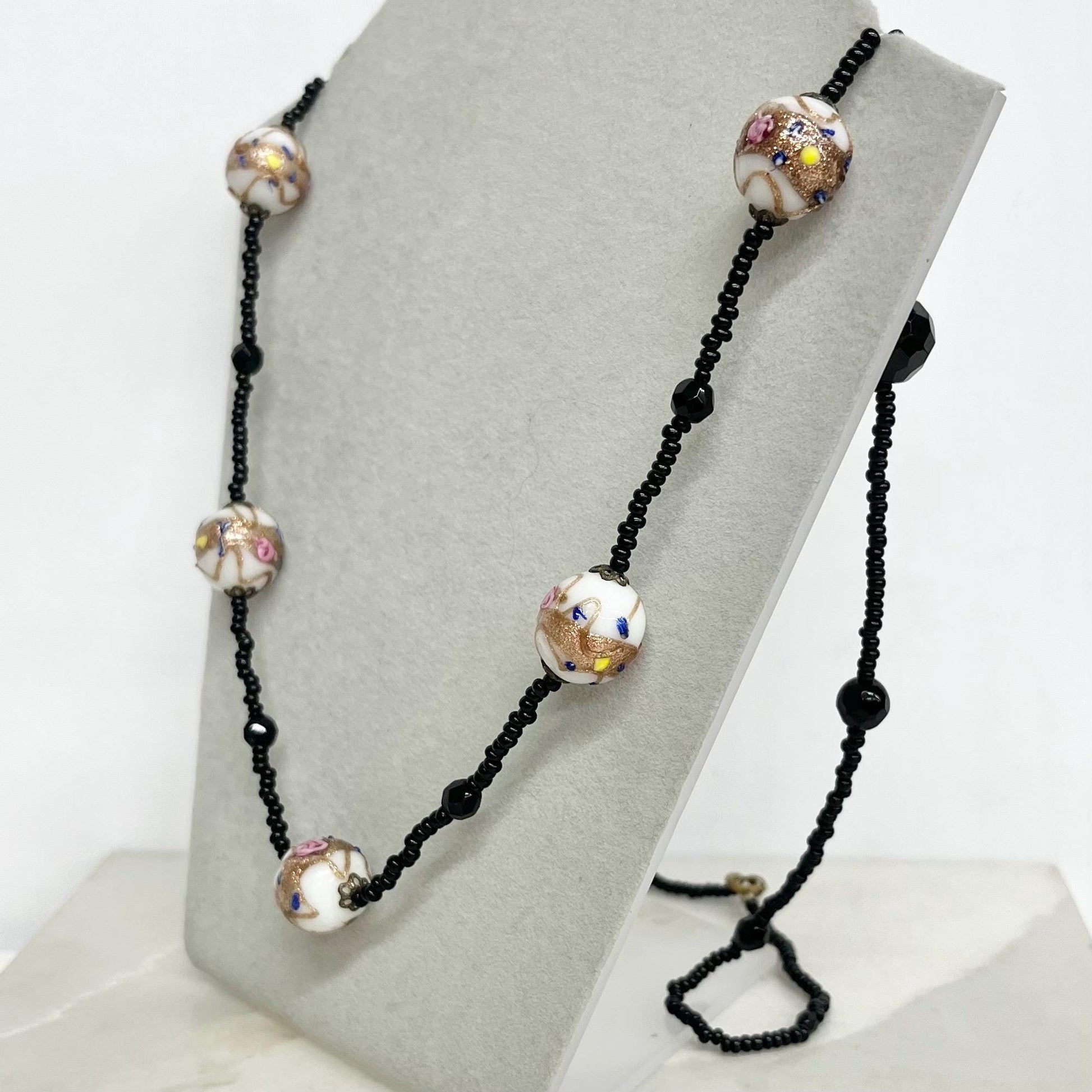 Vintage Venetian White Pink & Gold Aventurine Lampwork Glass Wedding Cake Bead Necklace 32” Long MillyOliverVintage
