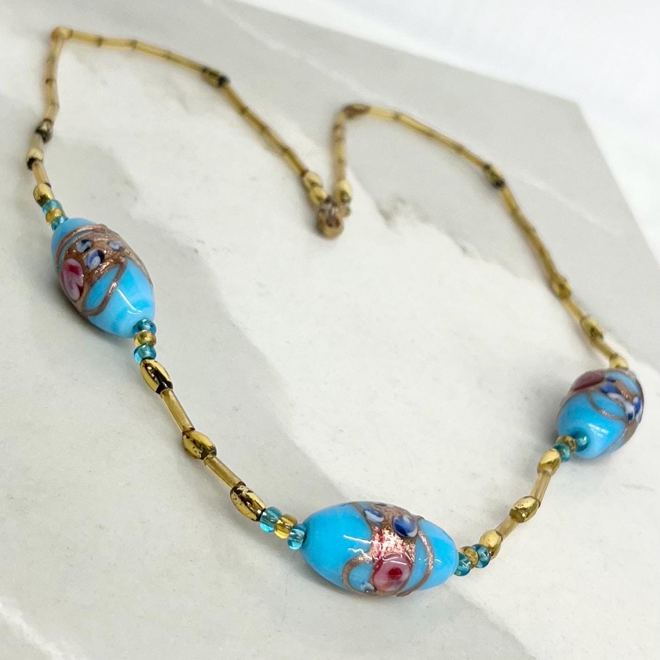 Vintage Venetian Blue & Gold Aventurine Lampwork Glass Wedding Cake Bead Necklace 17.5” Long MillyOliverVintage