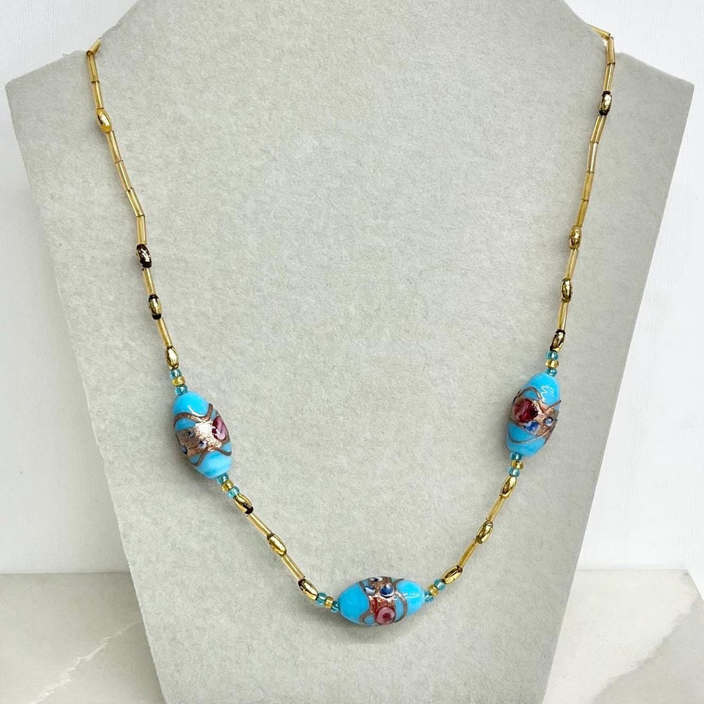 Vintage Venetian Blue & Gold Aventurine Lampwork Glass Wedding Cake Bead Necklace 17.5” Long MillyOliverVintage