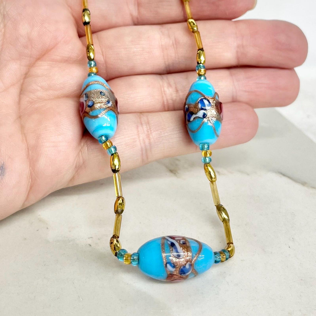 Vintage Venetian Blue & Gold Aventurine Lampwork Glass Wedding Cake Bead Necklace 17.5” Long MillyOliverVintage