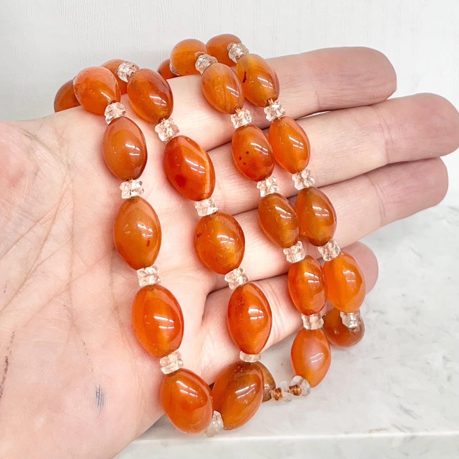Vintage Art Deco Natural Orange Carnelian Oval Beaded Necklace Chunky Graduating Semi Precious Beads Long 26” MillyOliverVintage