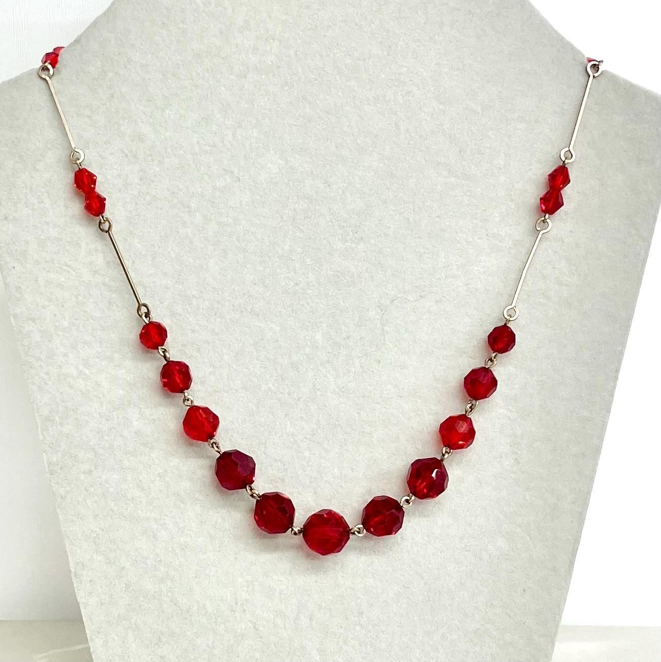 Art Deco Red Czech Glass Bead Necklace Rolled Gold 16.5” Long MillyOliverVintage