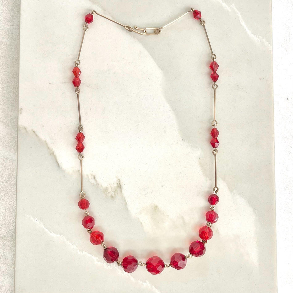 Art Deco Red Czech Glass Bead Necklace Rolled Gold 16.5” Long MillyOliverVintage