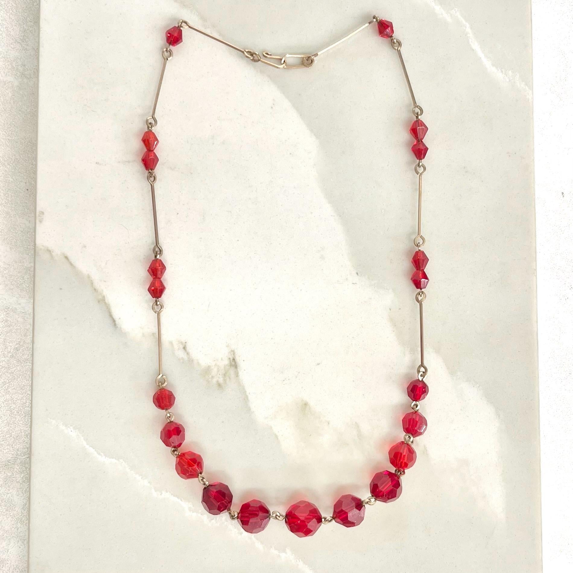 Art Deco Red Czech Glass Bead Necklace Rolled Gold 16.5” Long MillyOliverVintage