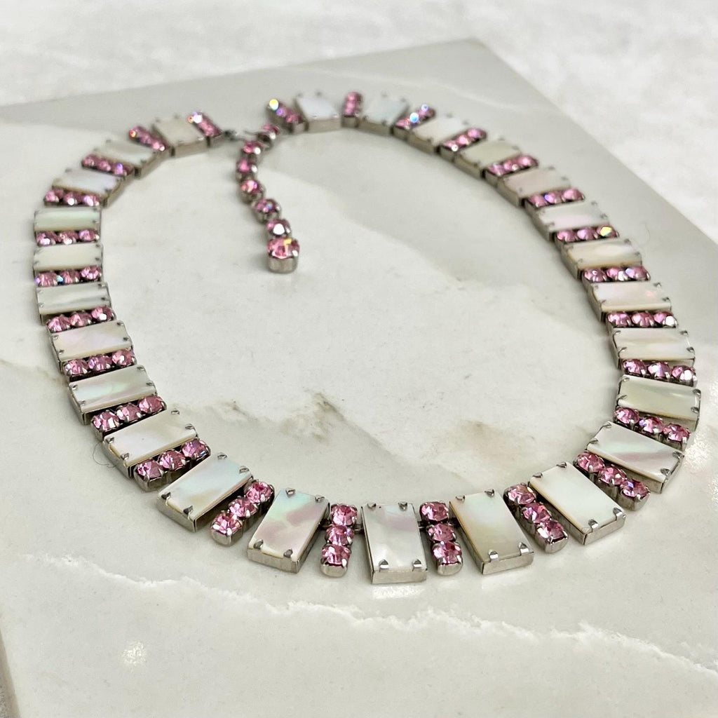 Mother of Pearl and Diamante Crystal Necklace : Vintage Necklace with Pink Stones MillyOliverVintage