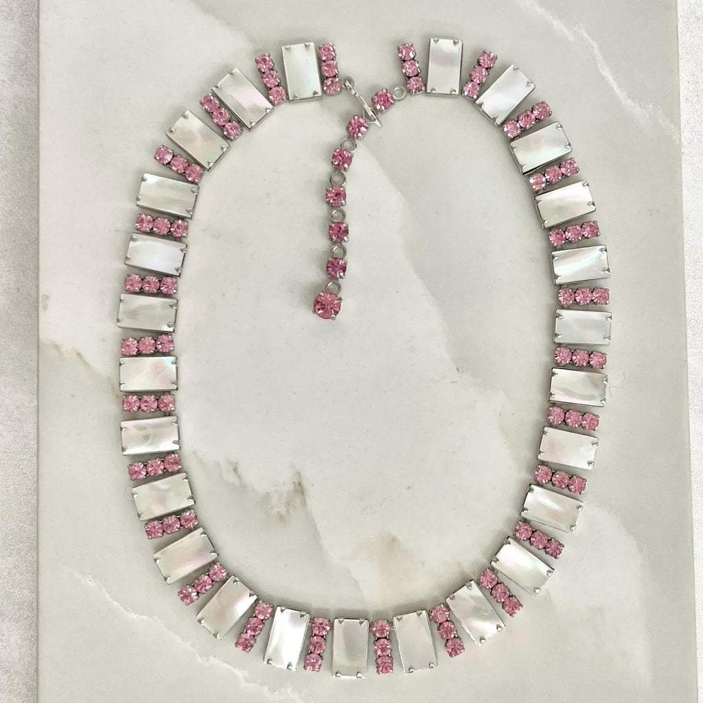 Mother of Pearl and Diamante Crystal Necklace : Vintage Necklace with Pink Stones MillyOliverVintage