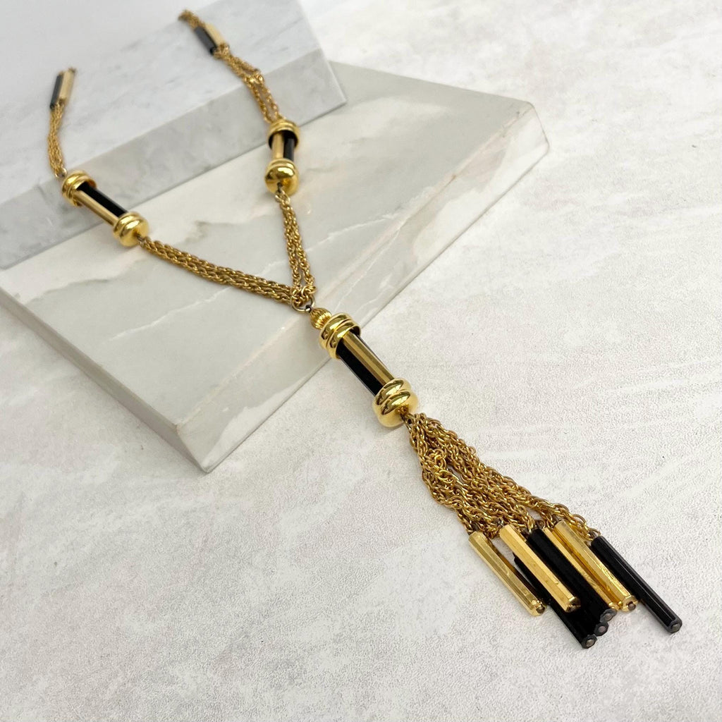 Black and Gold Plate Long Tassle Drop Chain Necklace : Vintage 1960’s - 1970’s MillyOliverVintage