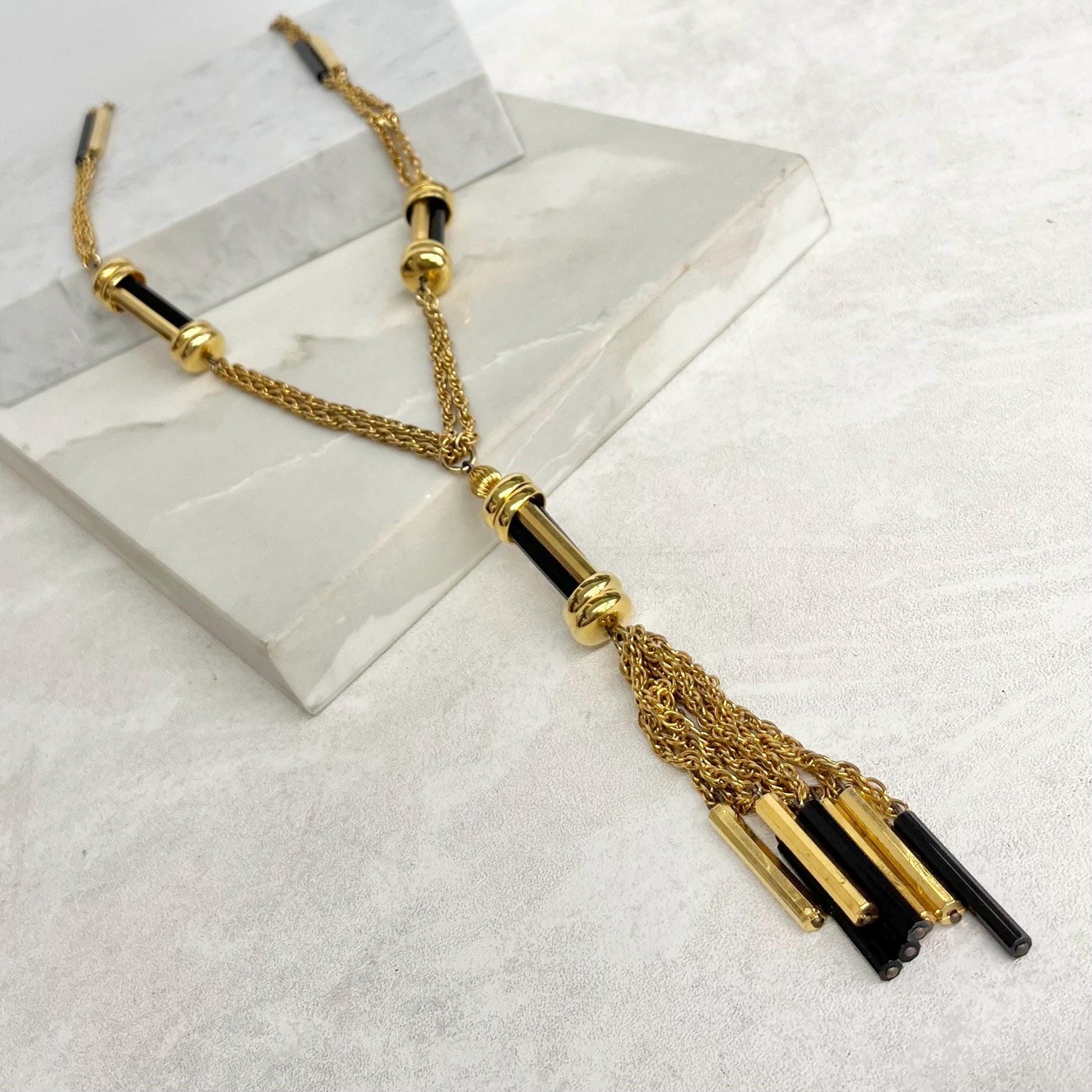 Black and Gold Plate Long Tassle Drop Chain Necklace : Vintage 1960’s - 1970’s MillyOliverVintage