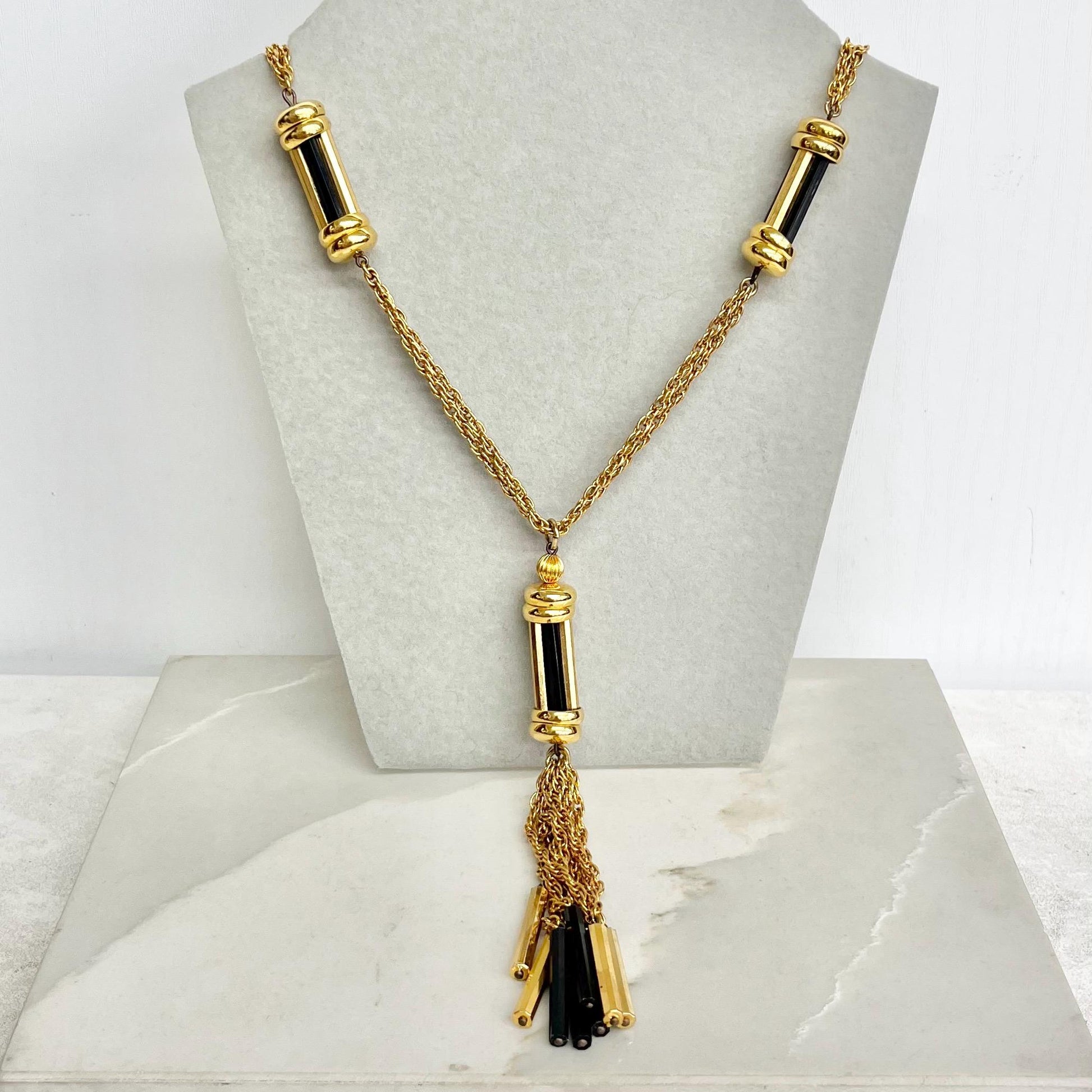 Black and Gold Plate Long Tassle Drop Chain Necklace : Vintage 1960’s - 1970’s MillyOliverVintage