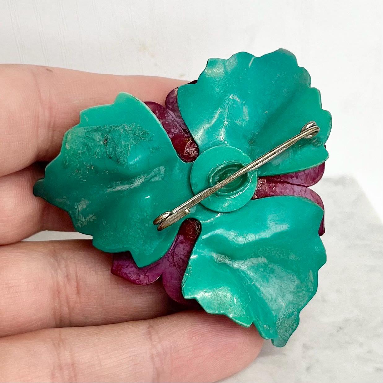 Antique Large Celluloid Flower Brooch : Possibly a Suffragette Lapel Pin in Colours for Burgundy Green and Yellow MillyOliverVintage
