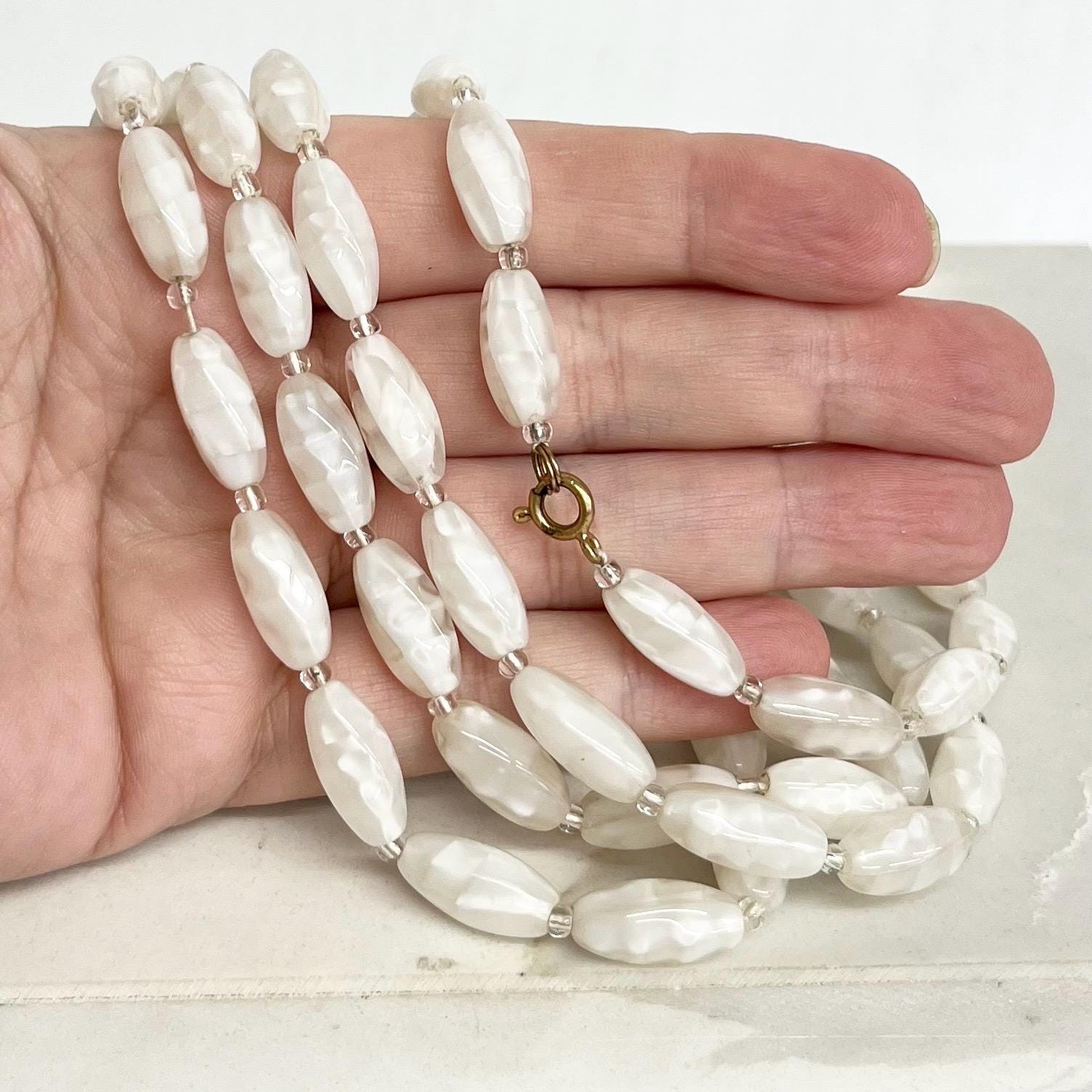 Long Vintage White Glass Uranium / Manganese Bead Necklace Oval Satin Beads Bright Green UV Reactive Glow 48” Long MillyOliverVintage