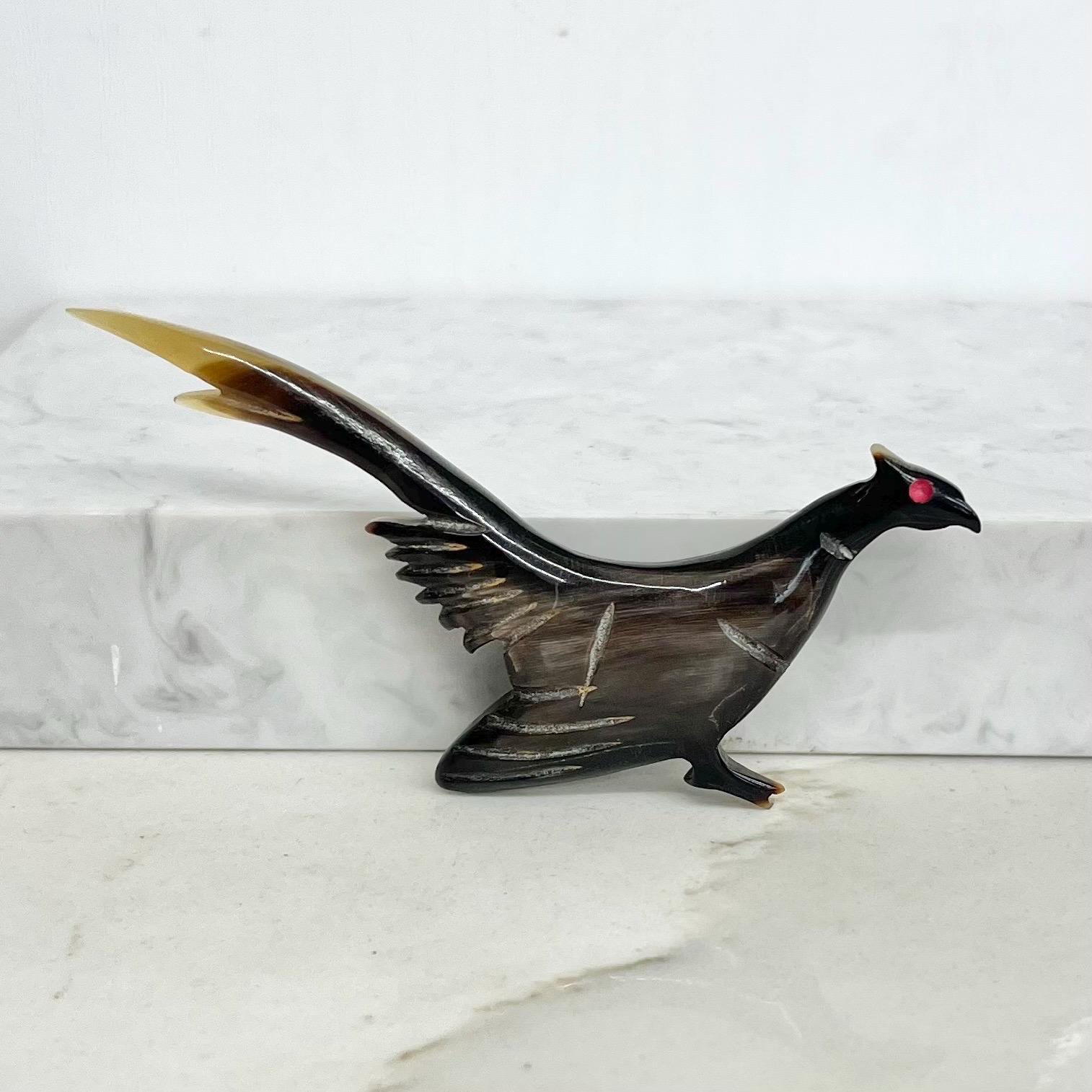 Vintage Hand Carved Horn Pheasant Bird Brooch 8.5cm Wide MillyOliverVintage