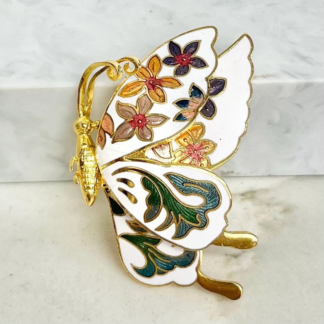 Vintage White & Gold Tone Cloisonne Style Enamel Butterfly Brooch Costume Jewellery Piece MillyOliverVintage
