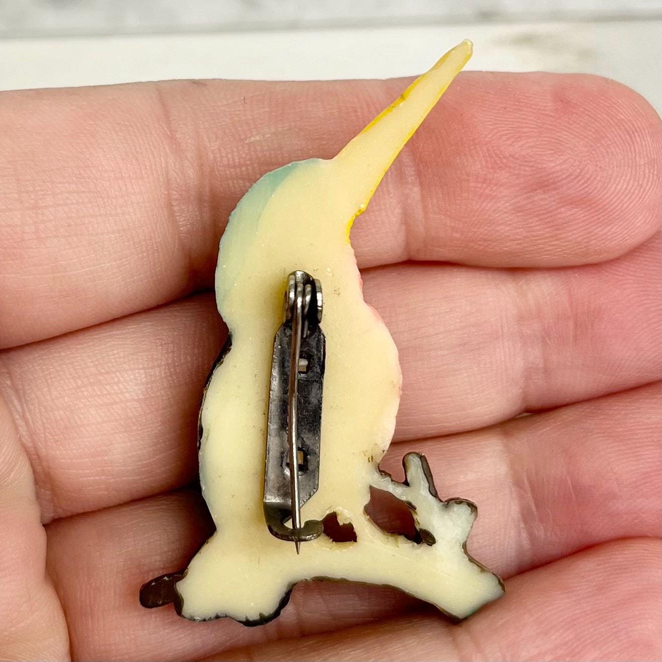 Celluloid Kingfisher Bird Brooch : Vintage 1960s 1970s MillyOliverVintage